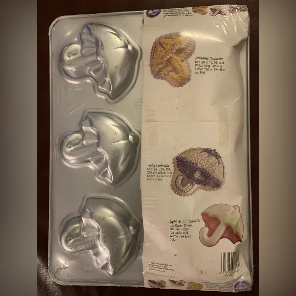Wilton Mini Umbrellas Cake Pan. New! 6-cavity. Pkg. showing a little wear.